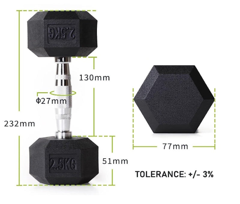 Rubber Encased Hexagonal Dumbell, 2 x 2.5 KG, Pair
